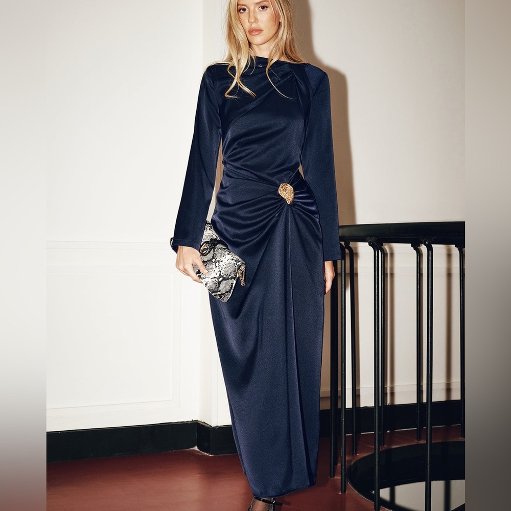 NWT COMMENSE Metal Detail Long-Sleeve Ruched Maxi Dress in navy women size small - Picture 2 of 15